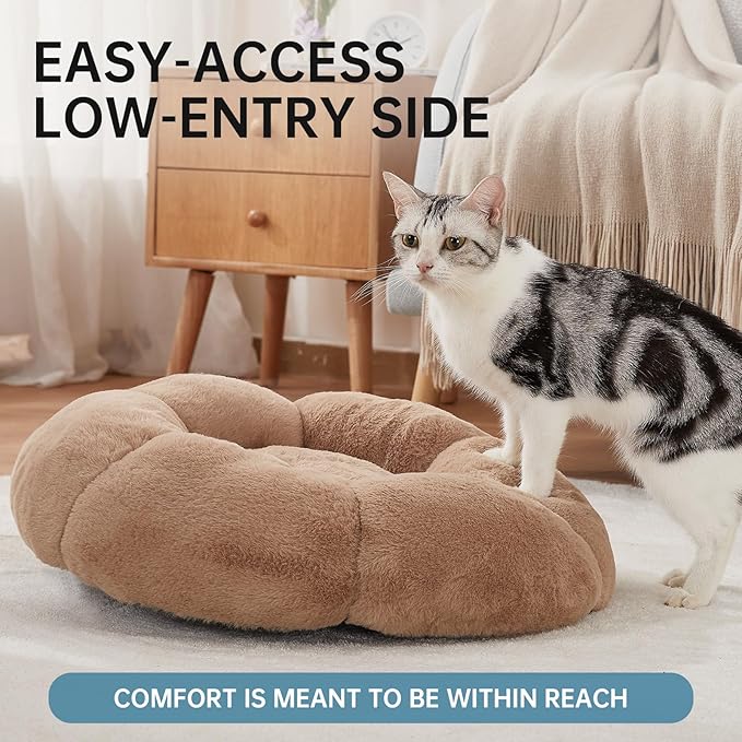 OhGeni 20 inches Calming Donut Dog & Cat Bed for Small Pets, Warming Comfort Fluffy Short Pile Fur