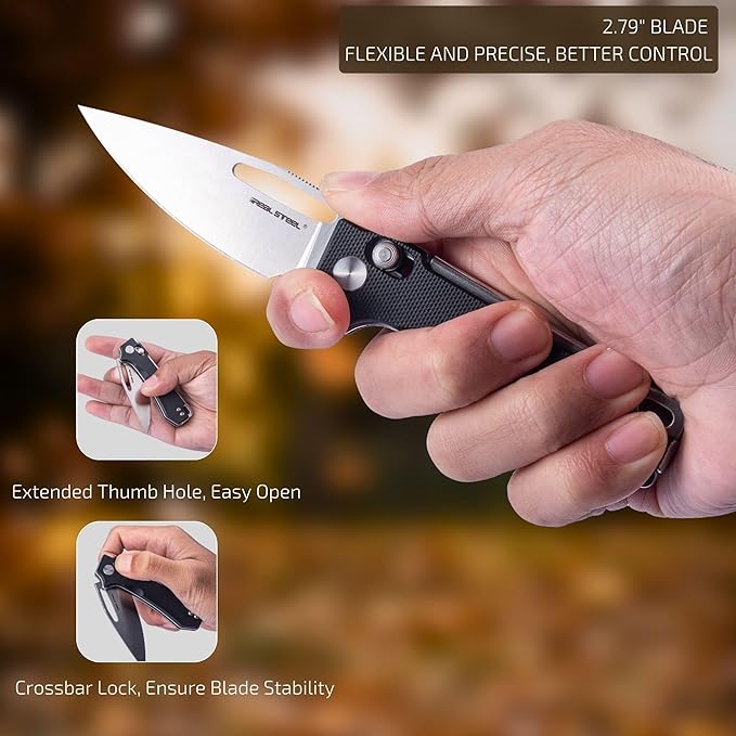 REALSTEEL VIS Pocket Knife, Folding Knife, Crossbar Lock, 2.72" Small 12C27 Steel PVD Black Blade