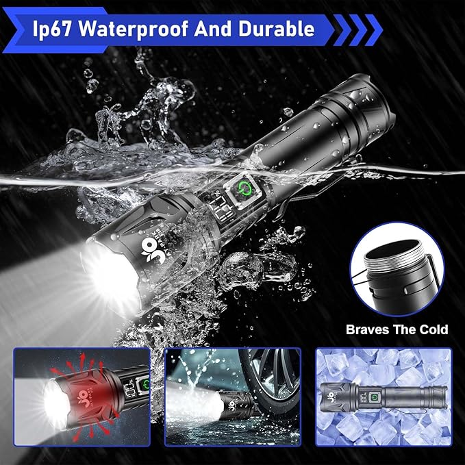 JAY-PARK High Lumen Flashlight - 10000 Lumens, Rechargeable 5000mAh with LCD Display, Zoomable Long