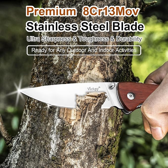 Vickay Pocket Knife for Men, Folding Knife with Clip, 3.74" 8Cr13MoV Steel Blade, Wood Handle EDC