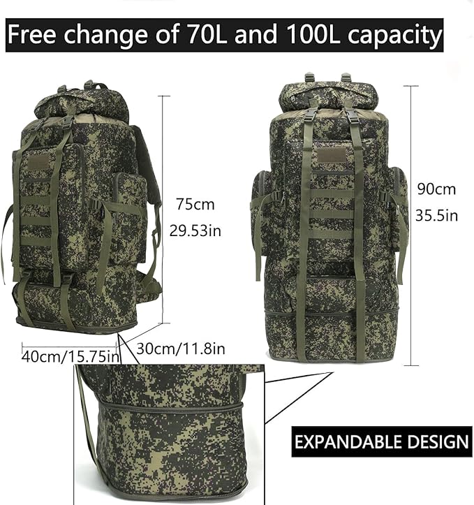 Hiking Backpack for Men 70L/100L Camping Backpack Military Rucksack Molle 3 Days Assault Pack for