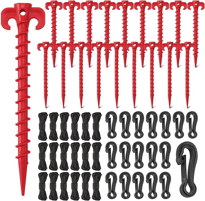AUGSUN 54 Pieces Plastic Inflatable Stakes Set, Include Tent Stakes, Tethers Ropes and Hooks Heavy