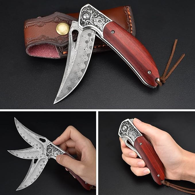 KOMWERO Damascus Pocket Knife for Men Women, Sharp VG10 Core Damascus Steel Knife for Outdoor