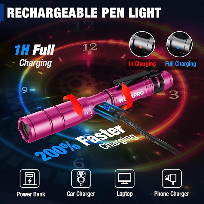 WORKPRO Rechargeable Pen Light, Mini Flashlight, 2 Pack Ultra-Compact EDC Flashlight, Pocket