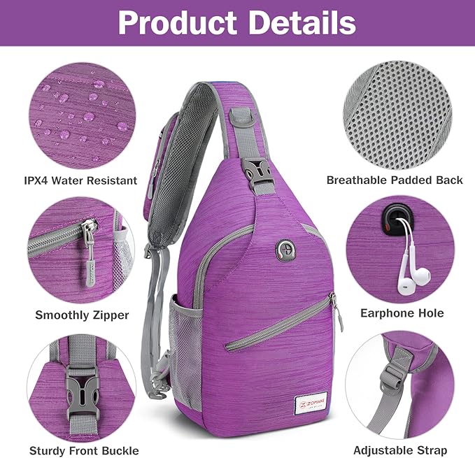 ZOMAKE Sling Bag,Small Crossbody Sling Backpack,Water Resistant Shoulder Daypack for Travel,Anti