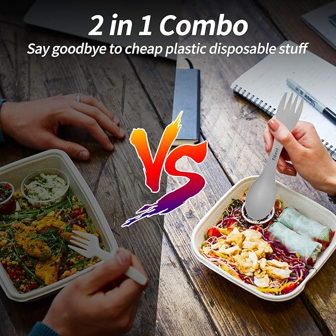 2 in 1 Titanium Spoon and Fork Combo Backpacking Utensils Lightweight Eco-Friendly Spork for