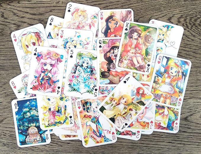 Kawaii Anime Girls Playing Cards (Poker Deck 54 Cards All Different) Cute Watercolor Japan Manga