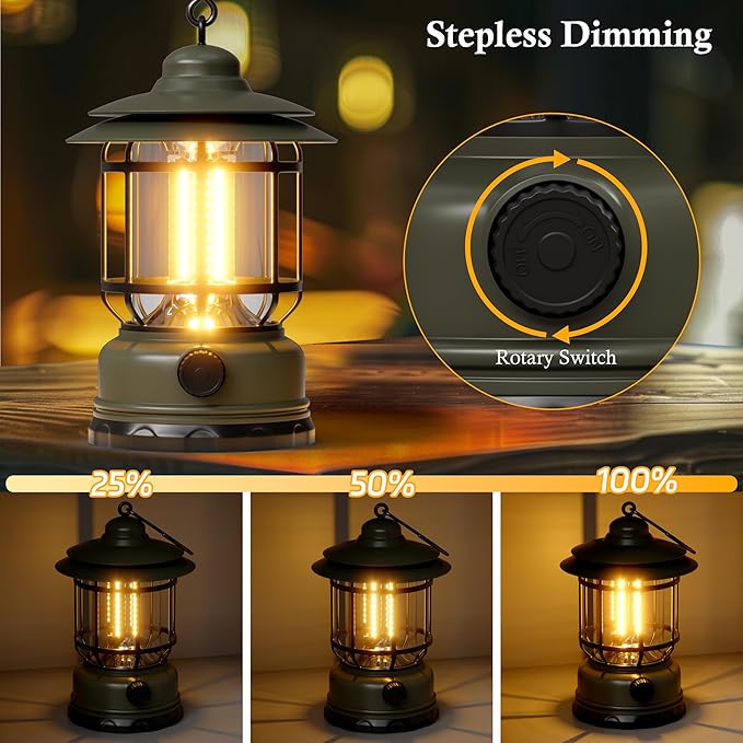 Portable LED Camping Lanterns,1500LM Step-less Dimming, Lightweight Retro Battery Powered USB
