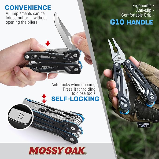 MOSSY OAK Multitool, 21-in-1 Stainless Steel Pocket Knife with G10 Handle, Screwdriver Sleeve