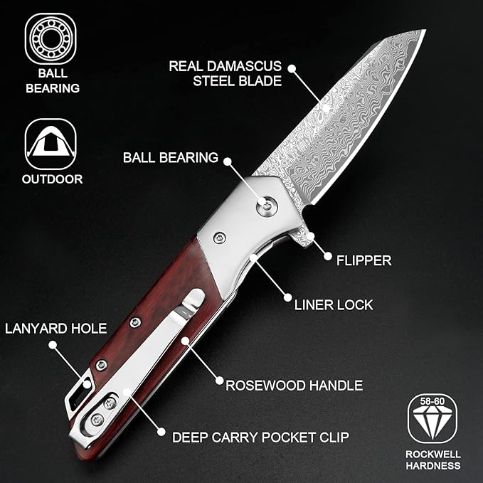 KOMWERO Damascus Pocket Knife with Clip Leather Sheath, 3.14 inch Sharp Damascus Steel Knife with