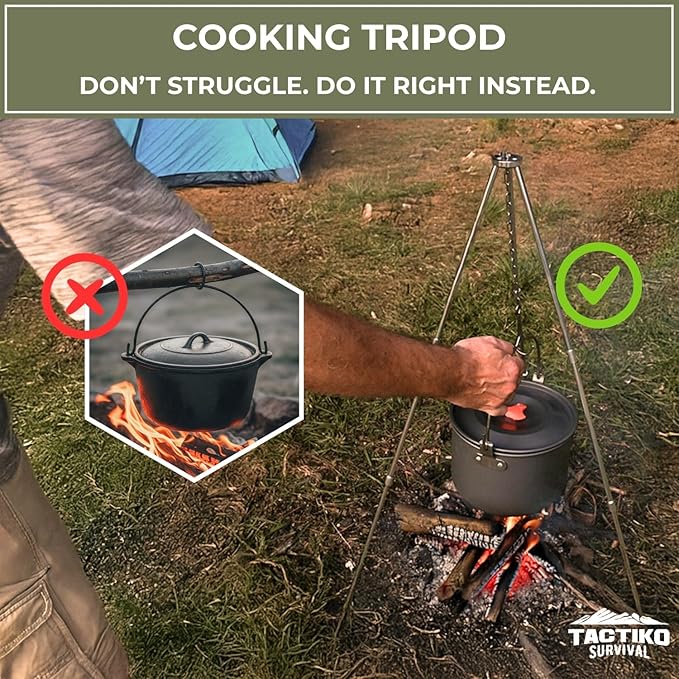 Tactiko Survival Campfire Cooking Tripod ??33" Stainless Steel Folding Stand with Adjustable Chain