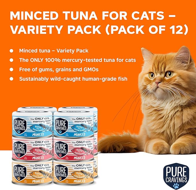 Pure Cravings Minced Tuna Wet Canned Cat Food, 100% Mercury-Tested, Moist Can Fish for Cats