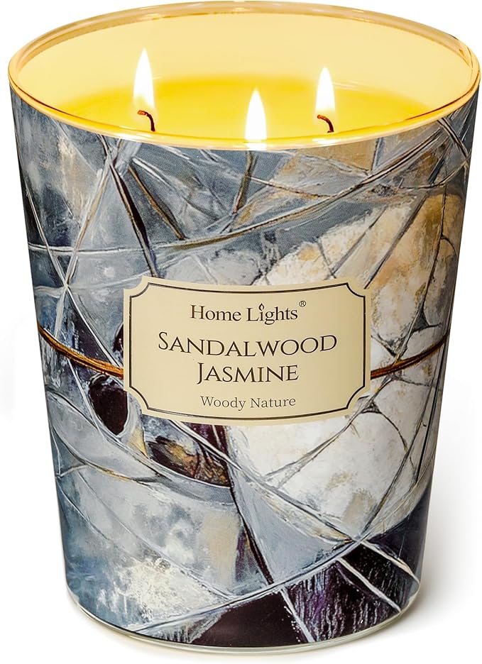 HomeLights Soy Wax Candles for Home Scented, 3-Wick Candles in Sandalwood Jasmine Scented