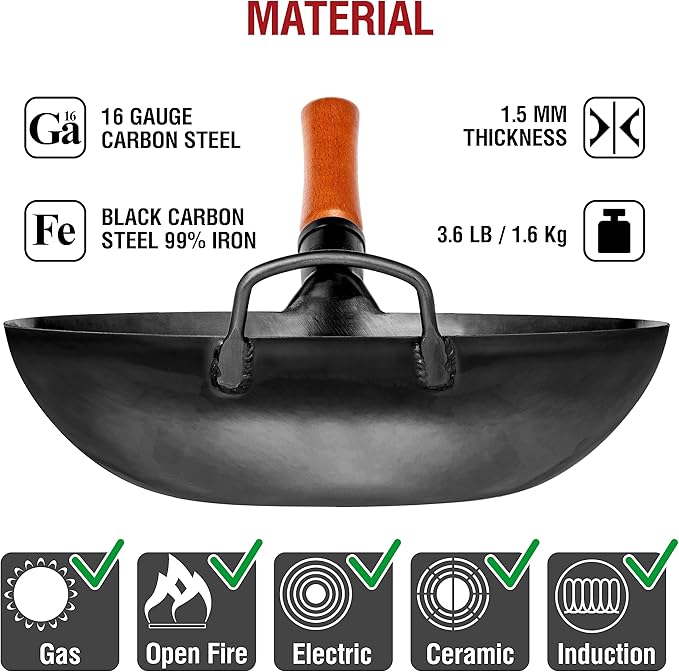 YOSUKATA 13.5" Carbon Steel Wok Pan – Pre-Seasoned Flat Bottom Pow Wok for Stir Fry, BBQ, Grill &