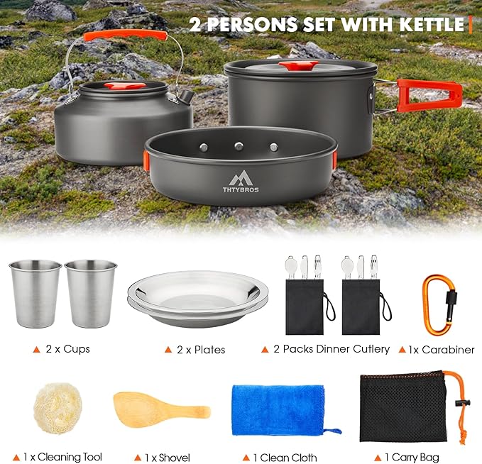 17pcs Camping Cookware Kit, 0.45Gal Pot, 7inches Pan,0.30Gal Kettle Set with 2 Set Stainless Steel