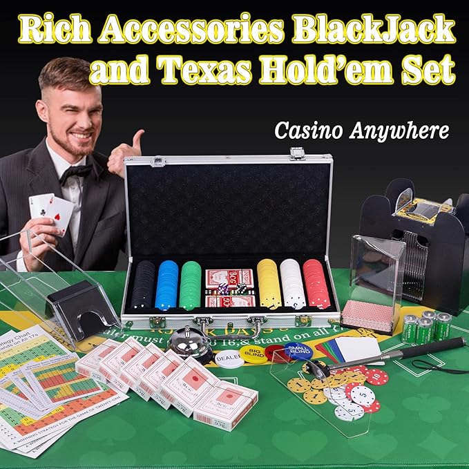 5 in 1 Super Casino Game Set: Blackjack/Texas Hold'em/Roulette/Craps/Poker Kit, 10" Wooden Roulette