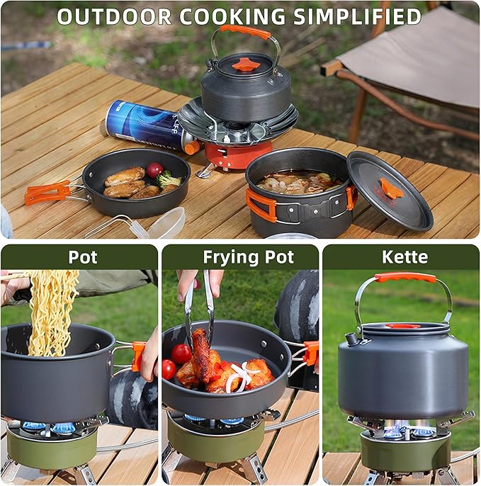 aiGear 3pcs Camping Cookware Mess Kit, Non-Stick Camping Pan Pot Kettle, Lightweight Aluminum
