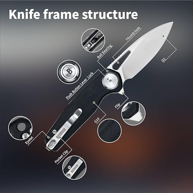 Pocket Folding Knife,3.15" D2 Steel Blade,Black G10 Handle,Push Button Lever Lock,Pocket Knife with