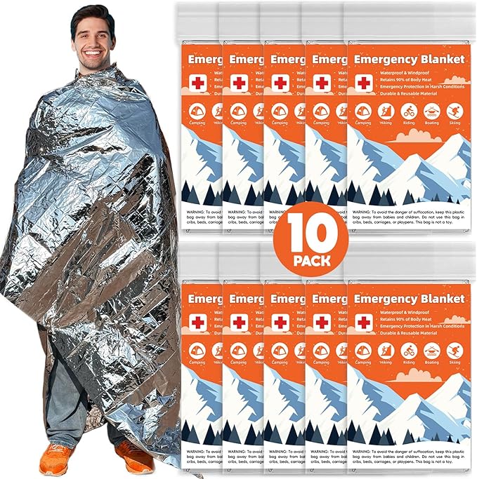 10 Pack Emergency Thermal Blanket Survival, Mylar Blankets for Outdoor, Space Blanket, Silver Foil