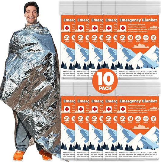 10 Pack Emergency Thermal Blanket Survival, Mylar Blankets for Outdoor, Space Blanket, Silver Foil