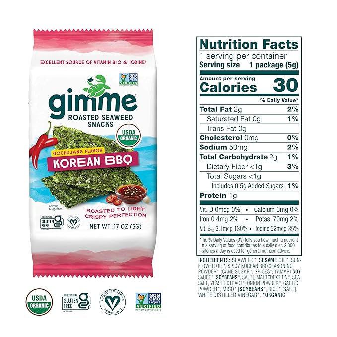 Gimme Seaweed Organic Premium Roasted Seaweed Snacks, Korean BBQ, 6 Count, Keto, Vegan