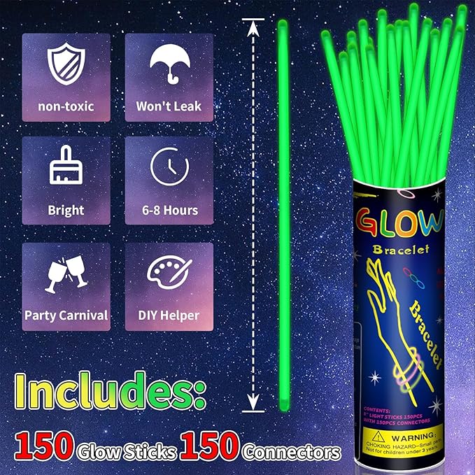 150 Pack 8??Green Glow Sticks Bulk with 150 Connectors Neon Glow In The Dark Party favors Supplies