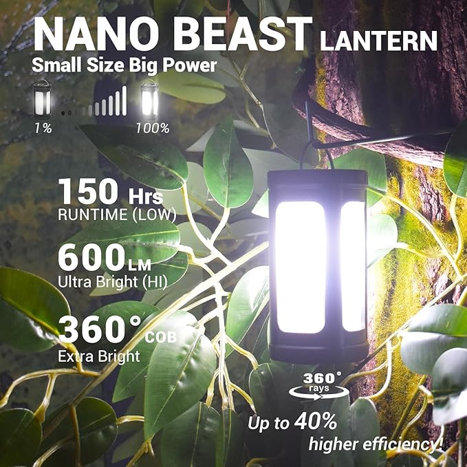 Camping Lantern Rechargeable 150Hr Runtime, 600LM Ultra Bright 360° COB Camping Light, IPX7