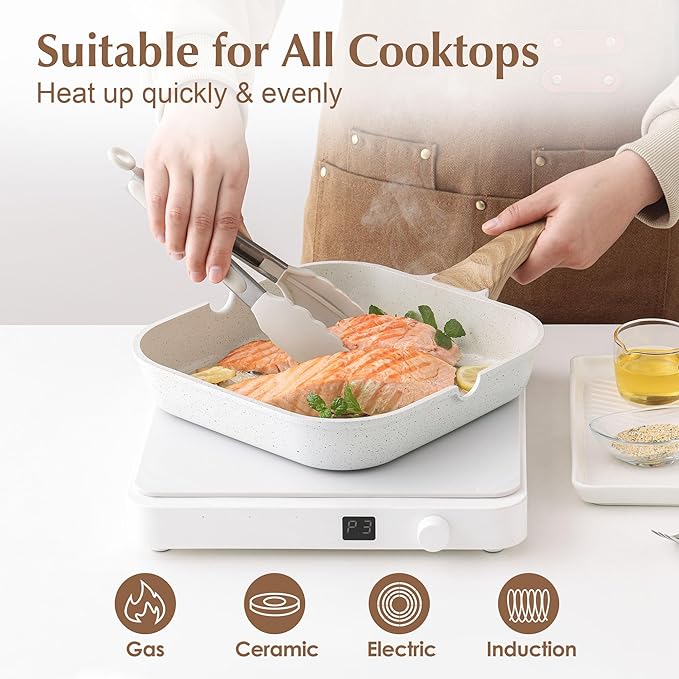 SENSARTE Nonstick Ceramic Grill Pan for Stove Tops, Square Grilling Pan with Pour Spouts, Non Toxic