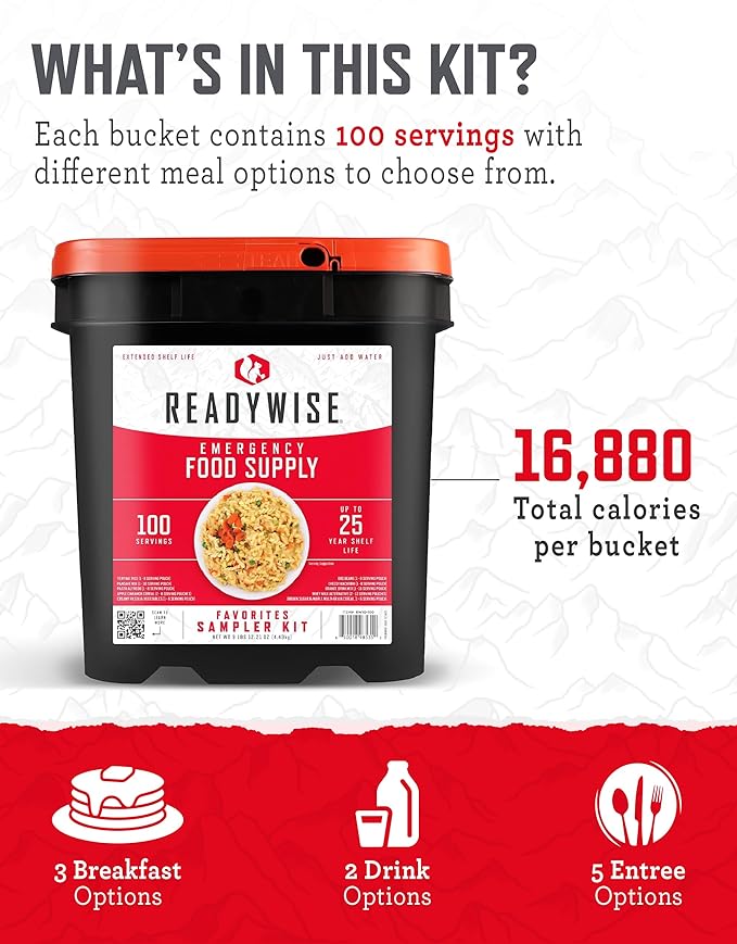 ReadyWise Emergency Food Supply - 100 Servings Favorites Bucket, Protein Meals, Dehydrated & Freeze