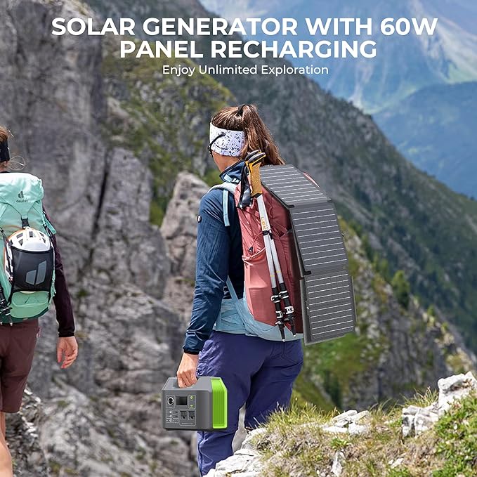 Portable Solar Generator, 300W Portable Power Station with Foldable 60W Solar Panel, 110V Pure Sine