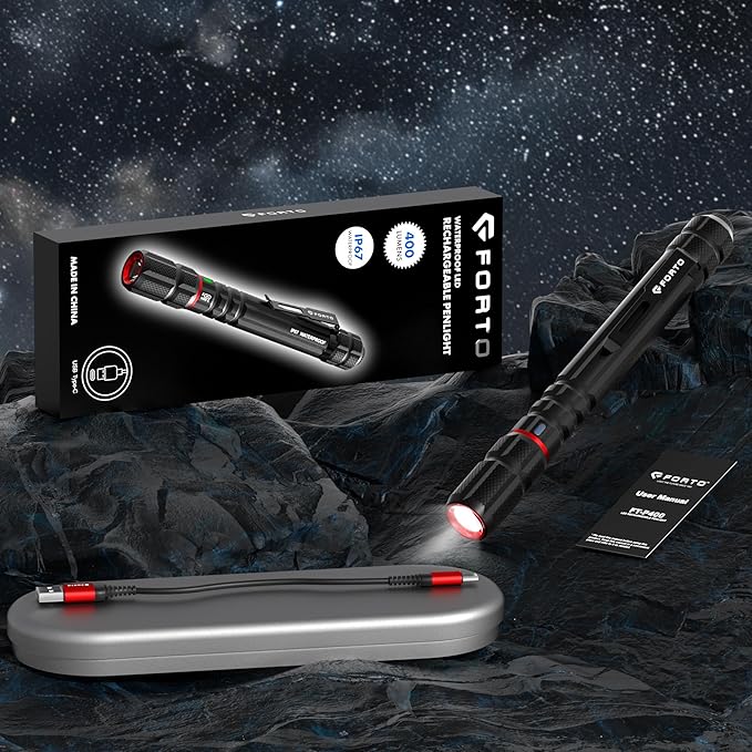 FORTO Rechargeable Pen Light Flashlight, 400 Lumens Small Pocket Flashlight with Clip, IP67