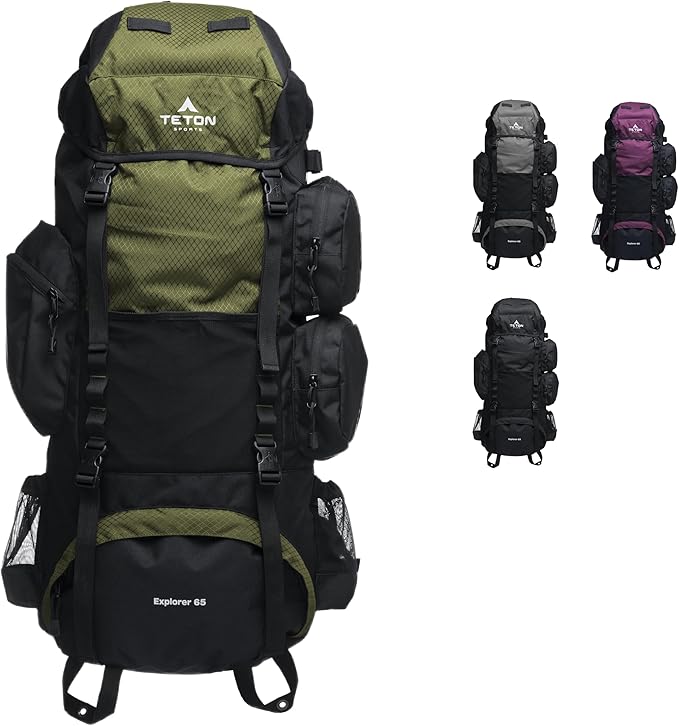 Teton 65L Explorer Internal Frame Backpack for Hiking, Camping, Backpacking, Rain Cover Included