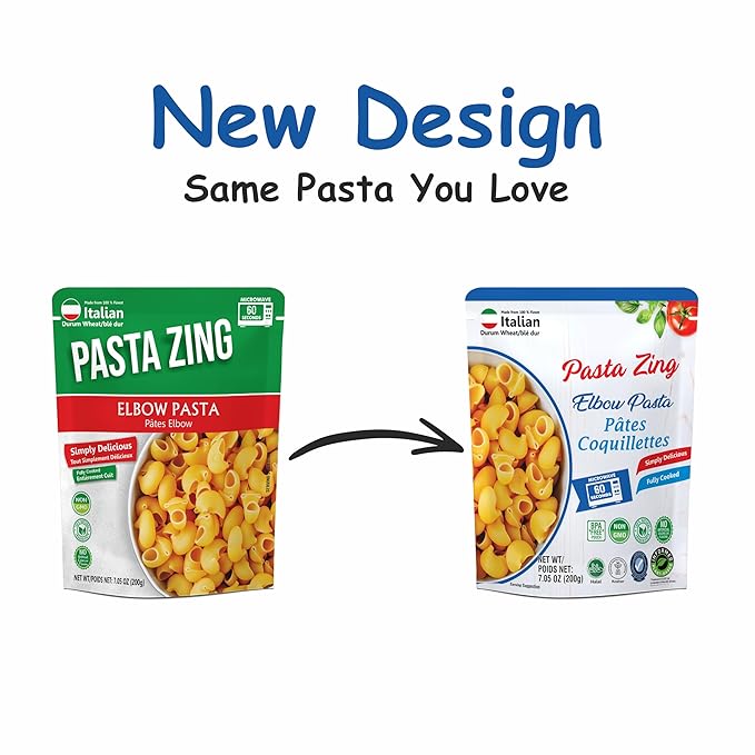 Pasta Zing Elbow Pasta – Fully Cooked, Microwave-Ready in 60 Seconds, Made with 100% Italian Durum