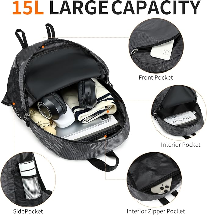 Small Hiking Daypack,15L Waterproof Hiking Backpack Packable Lightweight Travel Day Pack for Women