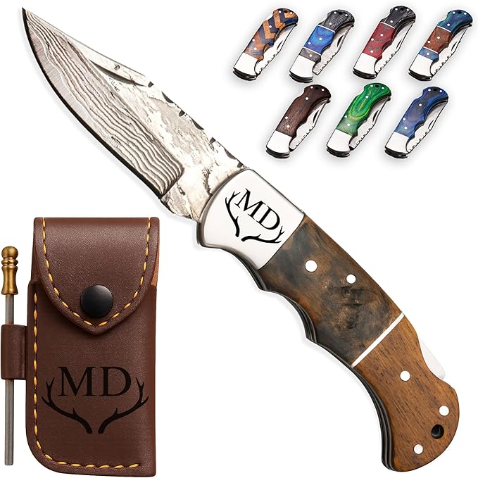 Personalized Folding Knife, Damascus Sheep Bone Pocket Knife, Personalized Gift for Husband, Dad