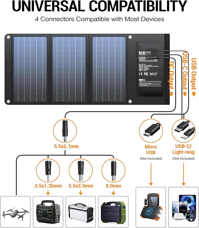 BLAVOR 30W Solar Charger USB-A QC3.0 24W USB-C DC 30W Outputs, Foldable Solar Panel for Camping