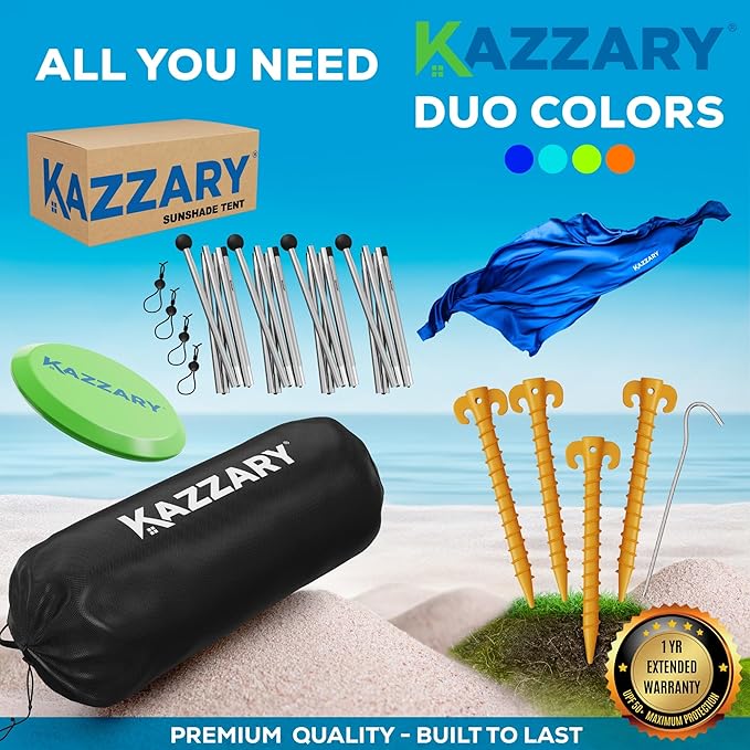 Beach Tent UPF50+ Sun Shade Canopy with Sandbags, 4 Stability Poles, Ground Pegs, Flying Disc Sand