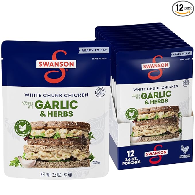 Swanson Garlic and Herbs White Chunk Fully Cooked Chicken, Ready to Eat, Simple On-the-Go Meals