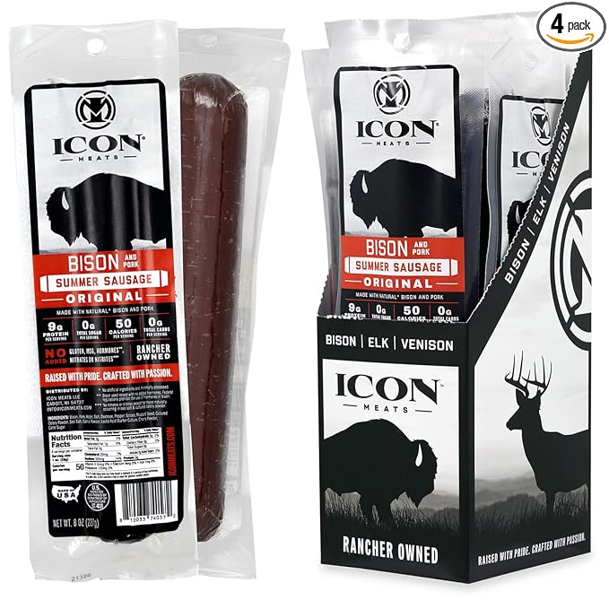 ICON Meats Summer Sausage - Bison and Pork Original Flavor - 4 Pack of Individually Wrapped Meat