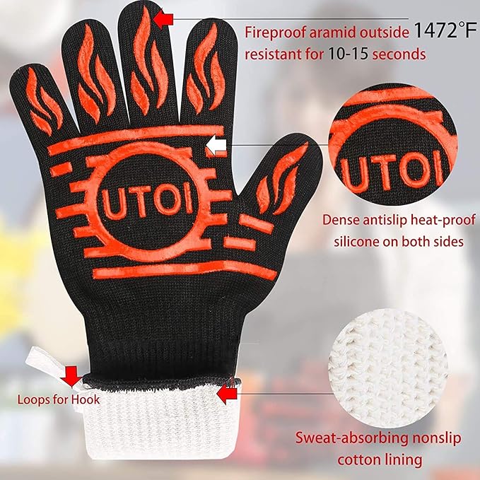 BBQ Grill Gloves for Campfire Cooking, 1472°F Heat Resistant Grilling Gloves for Outdoor Cooking