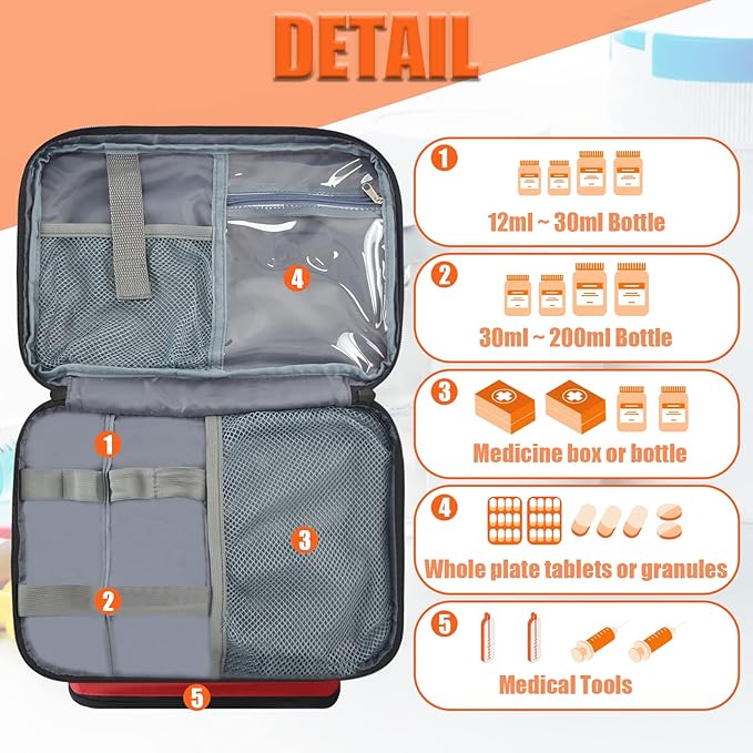 Medicine Storage Bag, Pill Bottle Organizer for Emergency, Medicine Box Empty with Small Portable