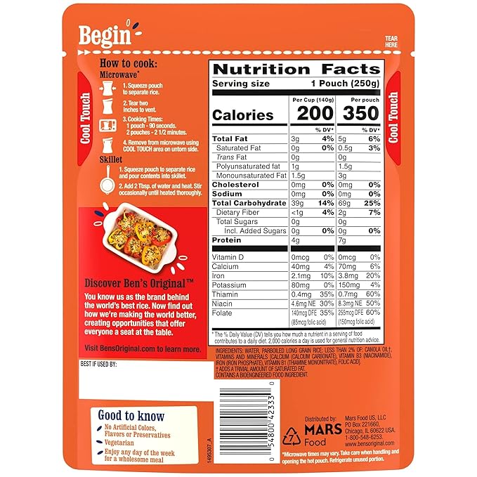 BEN'S ORIGINAL Ready Rice Original Long Grain White Rice, Easy Dinner Side, 8.8 oz Pouch (Pack of
