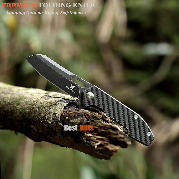 Folding Pocket Knife - 3.54'' CPM S35VN Black Steel Blade, Carbon Fiber Ergonomic Handle - Camping