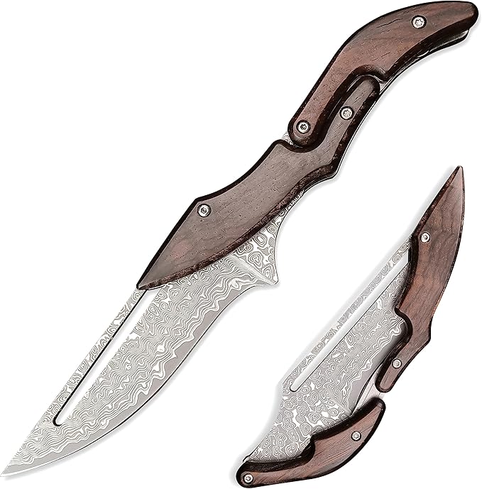 HUAAO Damascus Folding Knife, Yellow Sandalwood Handle with Mechanical Lock, Tactical Pocket Knife
