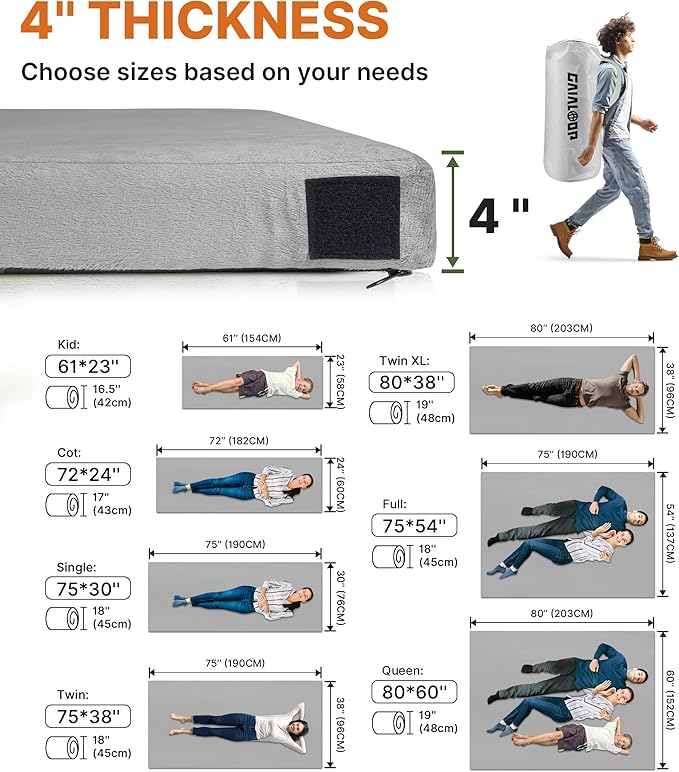 4 INCH Thick Foam Camping Mattress [Car/Tent/Cot] 30D Foam Portable Floor Sleeping Mat Cot Pad Roll