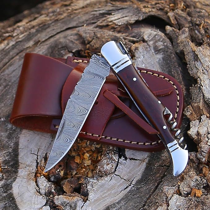 6.5 inch Damascus Pocket Knife with Sheath, Handmade Folding Pocket Knife for Men, Black-Red Wooden