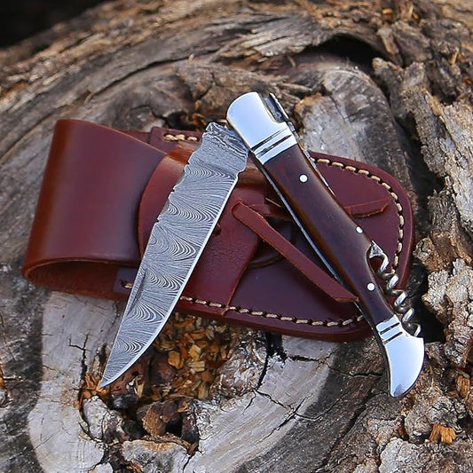 6.5 inch Damascus Pocket Knife with Sheath, Handmade Folding Pocket Knife for Men, Black-Red Wooden