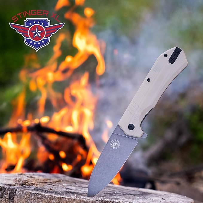 Off-Grid Knives - STINGER XL Folding Knife, 154CM Steel, Full Flat Grind, G10 Scales, Ceramic
