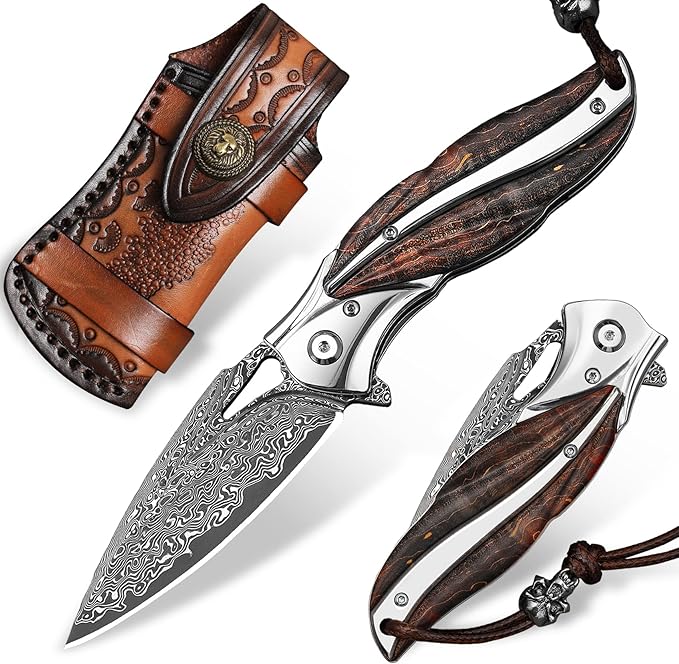 Handmade Japanese VG10 Damascus steel Folding Pocket Knife，With leather case，Liner Lock，3.1in high