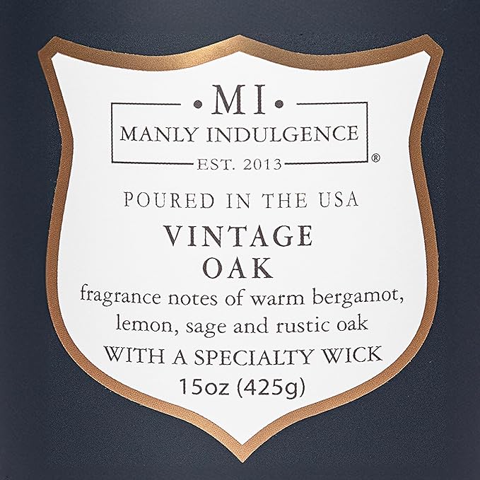 Manly Indulgence Vintage Oak Scented Candles for Men, 15 oz Wooden Wick, Premium Soy Blend Wax, 60H